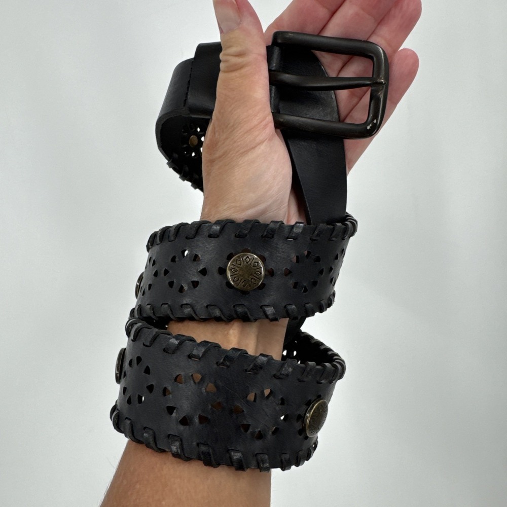 Massimo Dutti Black Leather Cutout Belt with Brass Studs